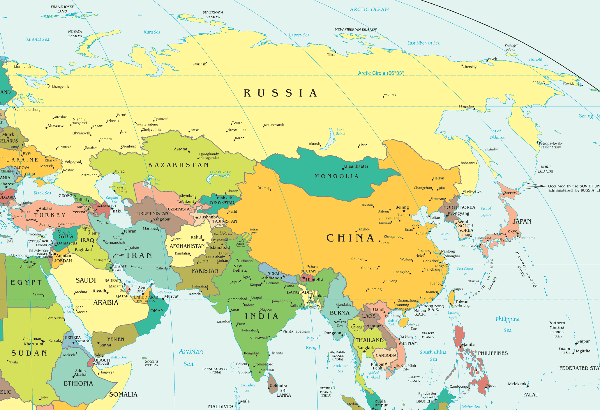 Карту евразии крупным планом
